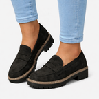 Women's slip-on loafers with low block heel and cushioned insole, suede-look finish