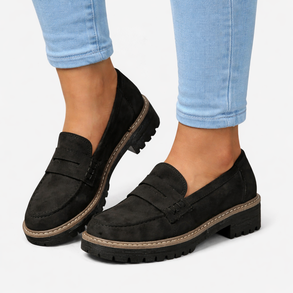 Women's slip-on loafers with low block heel and cushioned insole, suede-look finish