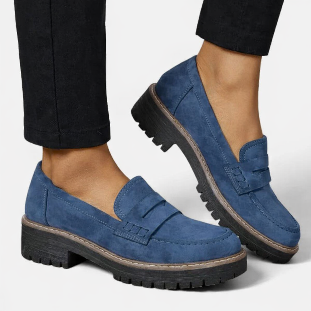 Women's slip-on loafers with low block heel and cushioned insole, suede-look finish