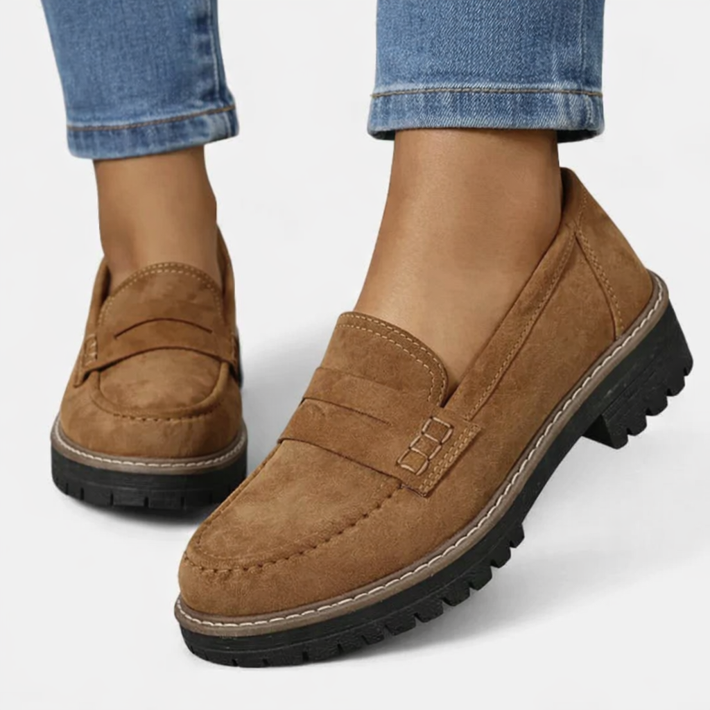 Women's slip-on loafers with low block heel and cushioned insole, suede-look finish