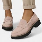 Women's slip-on loafers with low block heel and cushioned insole, suede-look finish
