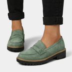 Women's slip-on loafers with low block heel and cushioned insole, suede-look finish