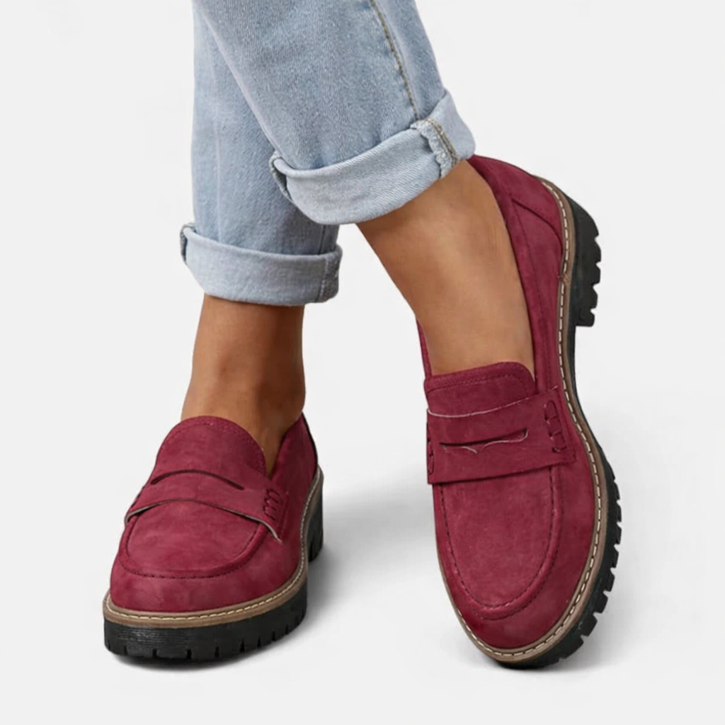 Women's slip-on loafers with low block heel and cushioned insole, suede-look finish