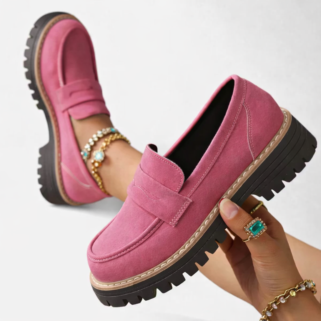 Women's slip-on loafers with low block heel and cushioned insole, suede-look finish