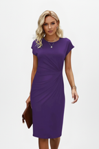 Women's knee-length dress with round neckline, ruched waist and cap sleeves