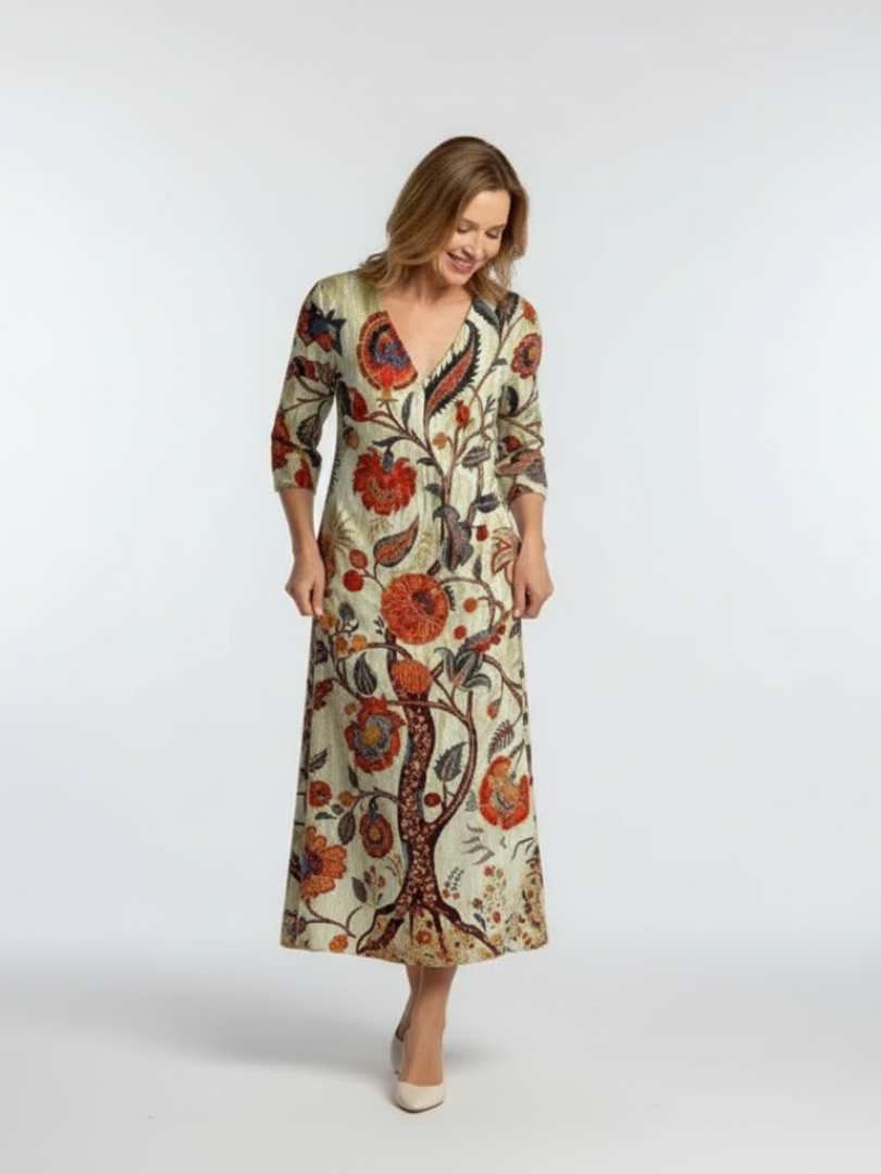 Women floral midi dress V neck long sleeve relaxed fit allover floral print