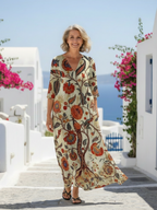 Women floral midi dress V neck long sleeve relaxed fit allover floral print