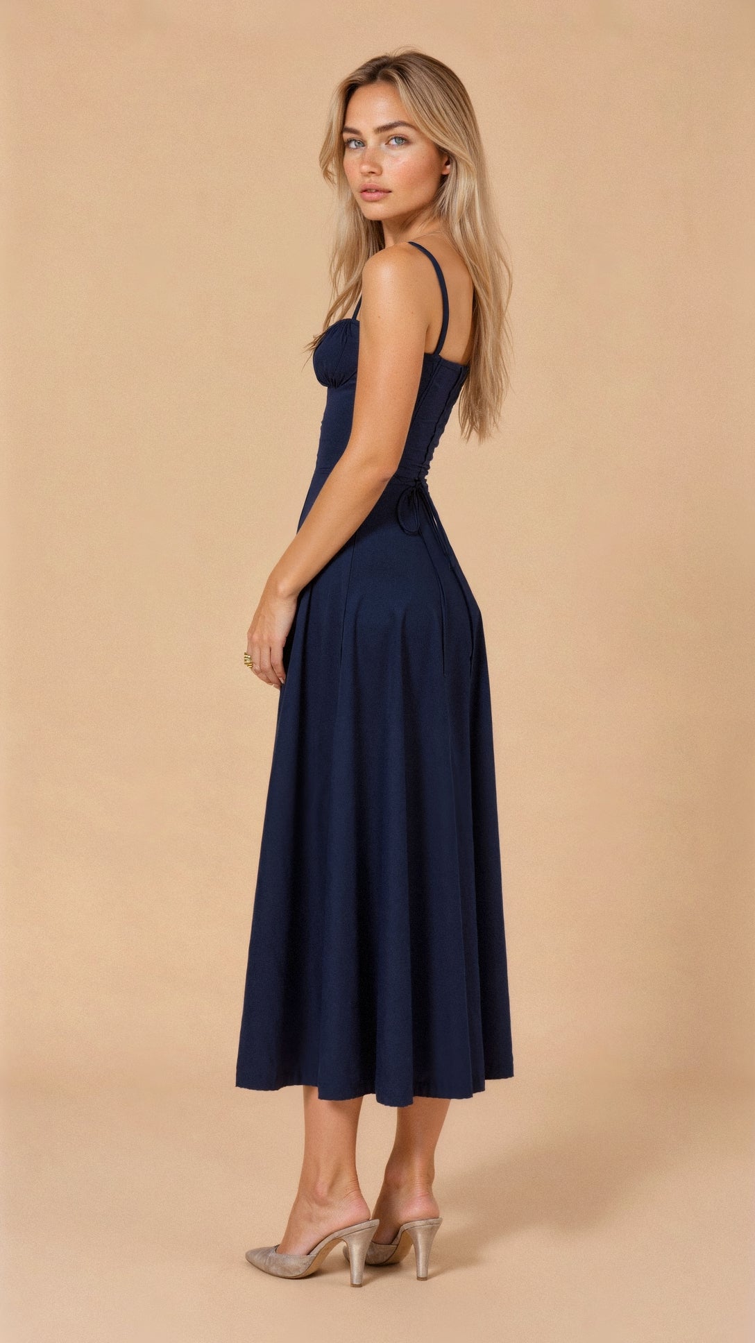 Women's floral midi dress with corset bodice and side slit skirt