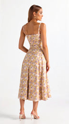 Women's floral midi dress with corset bodice and side slit skirt