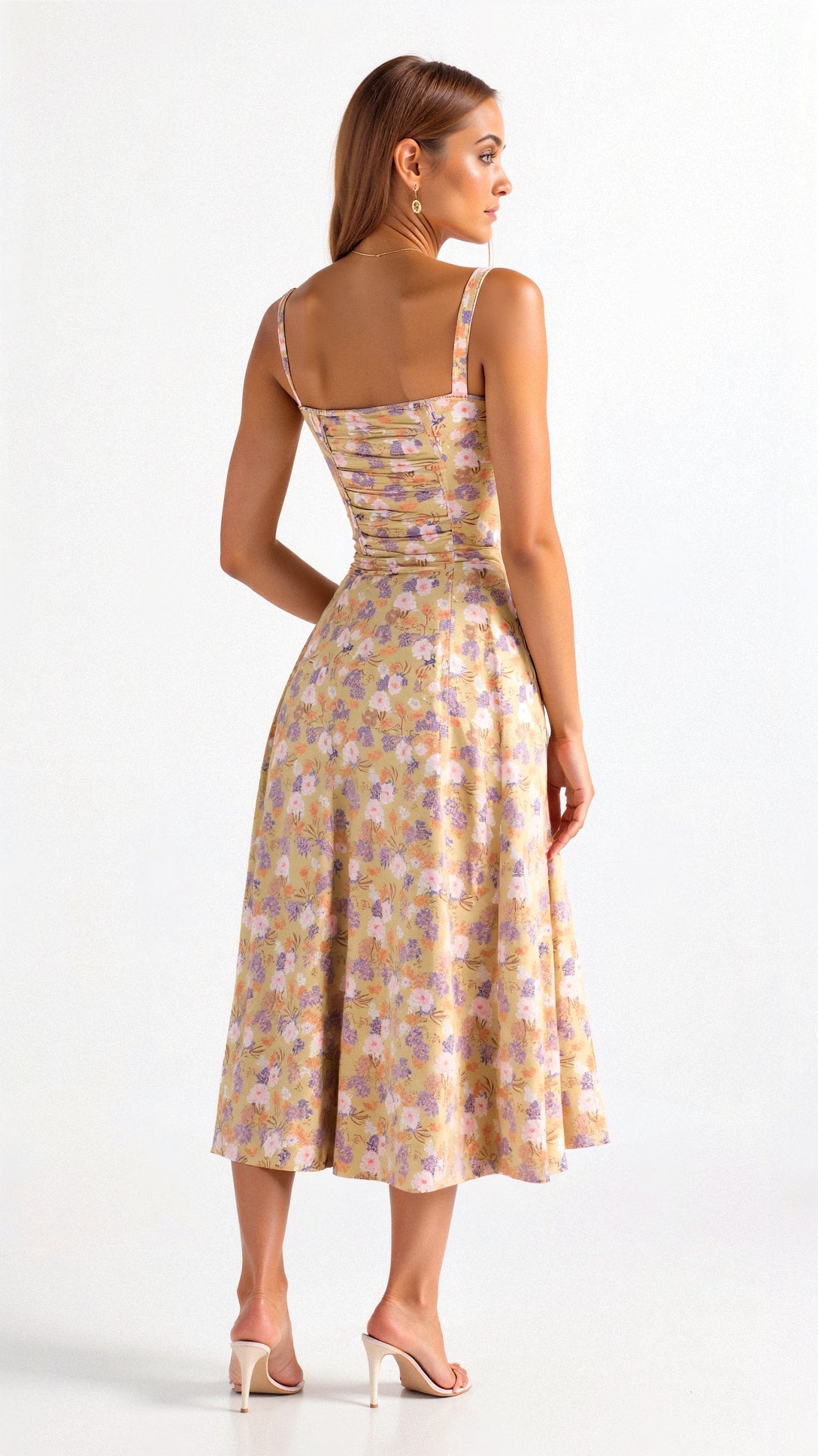 Women's floral midi dress with corset bodice and side slit skirt
