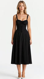 Women's floral midi dress with corset bodice and side slit skirt