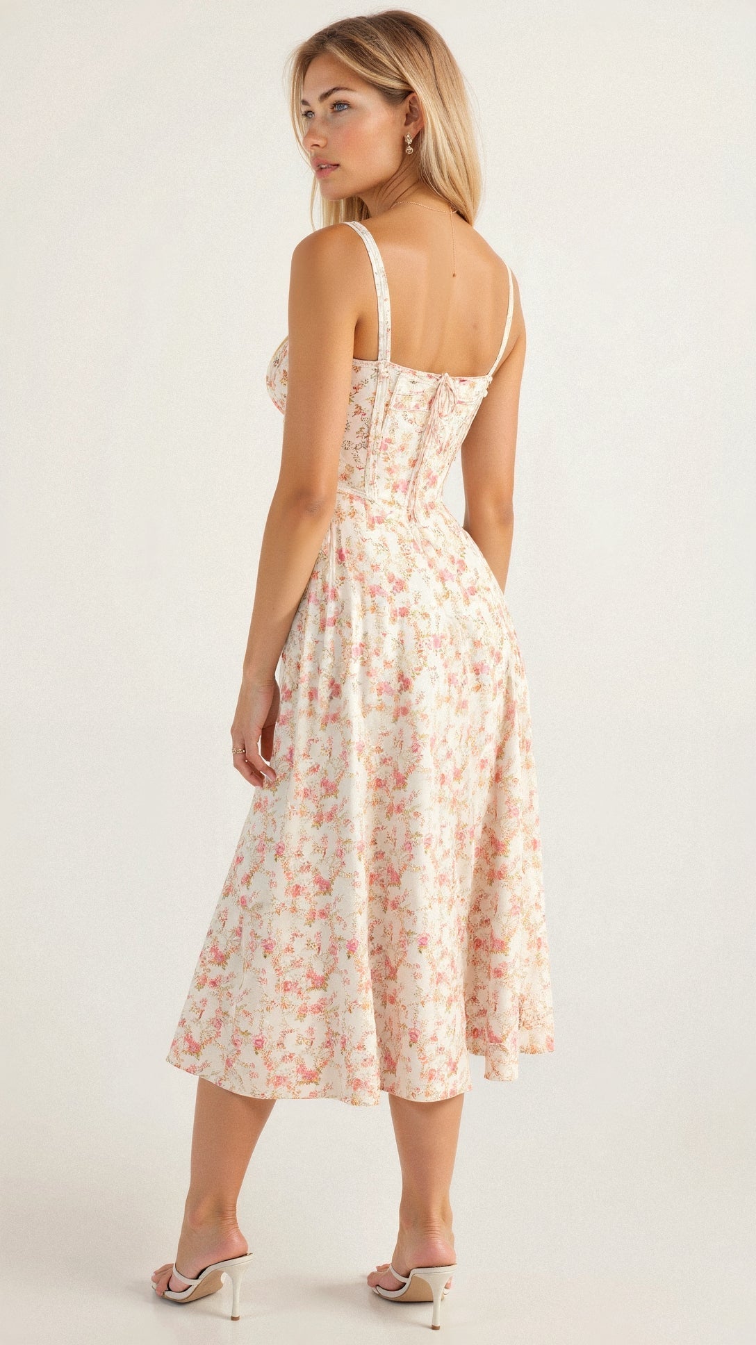 Women's floral midi dress with corset bodice and side slit skirt