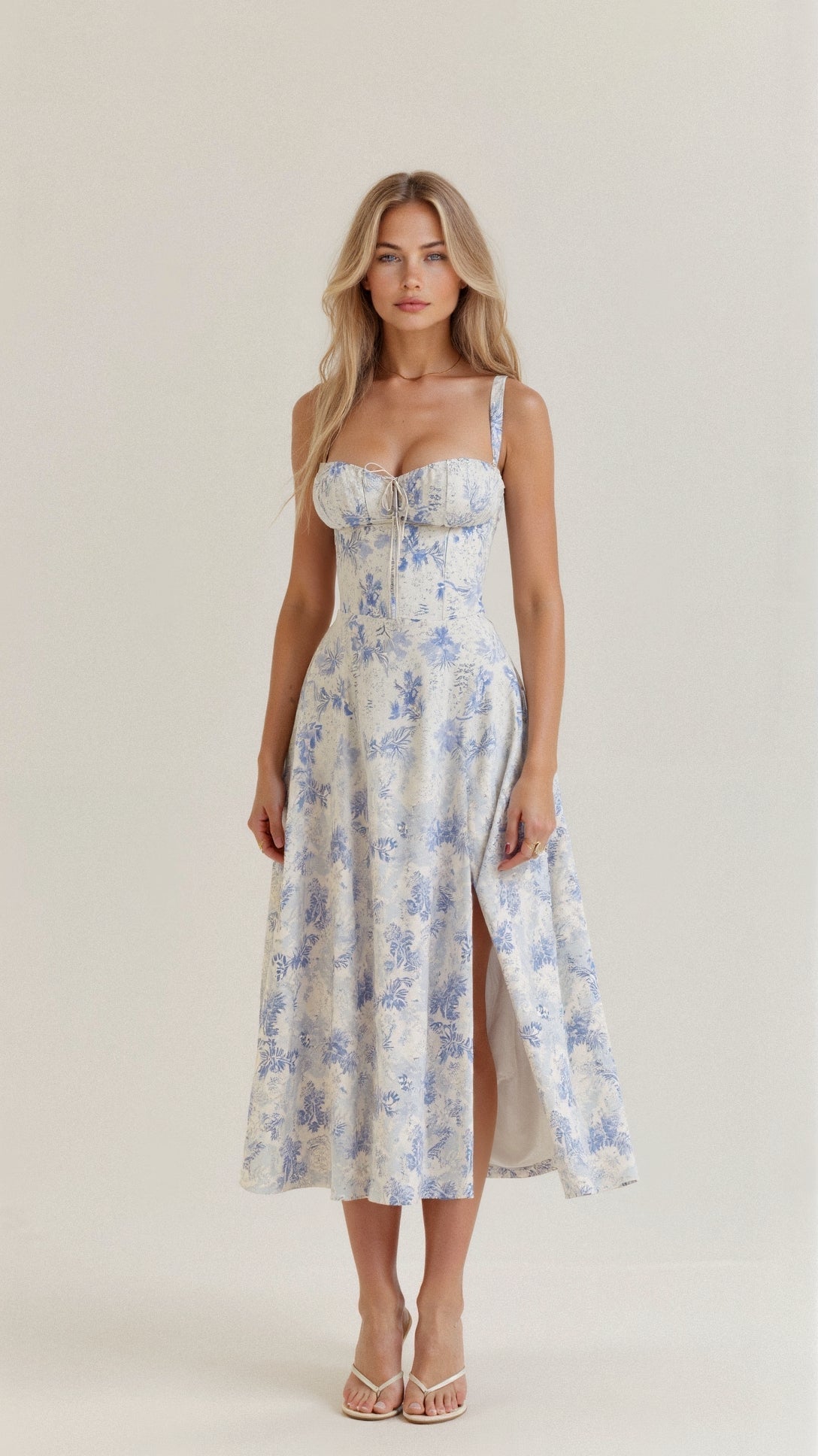 Women's floral midi dress with corset bodice and side slit skirt
