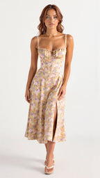 Women's floral midi dress with corset bodice and side slit skirt