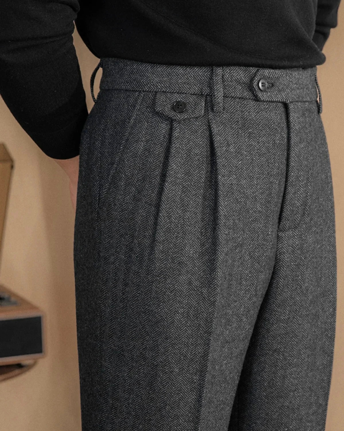 Men's herringbone wool trousers high waist pleated front tailored fit