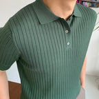 Men's knitted cotton ribbed polo shirt with button collar, short sleeves