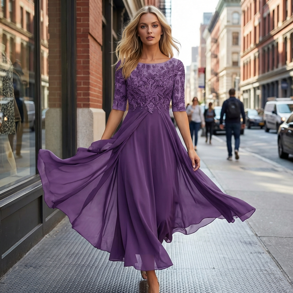 Midi dress with lace bodice and three-quarter sleeves, flowing chiffon skirt for festive occasions