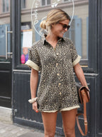 Women's leopard print summer jumpsuit loose fit with button closure and contrast cuffs