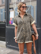 Women's leopard print summer jumpsuit loose fit with button closure and contrast cuffs