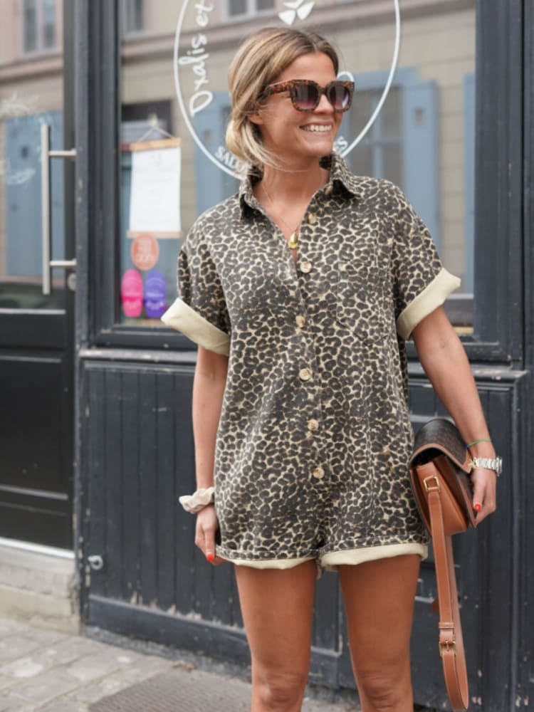Women's leopard print summer jumpsuit loose fit with button closure and contrast cuffs