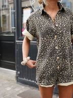 Women's leopard print summer jumpsuit loose fit with button closure and contrast cuffs