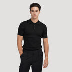 Men's knitted cotton ribbed polo shirt with button collar, short sleeves