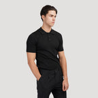 Men's knitted cotton ribbed polo shirt with button collar, short sleeves