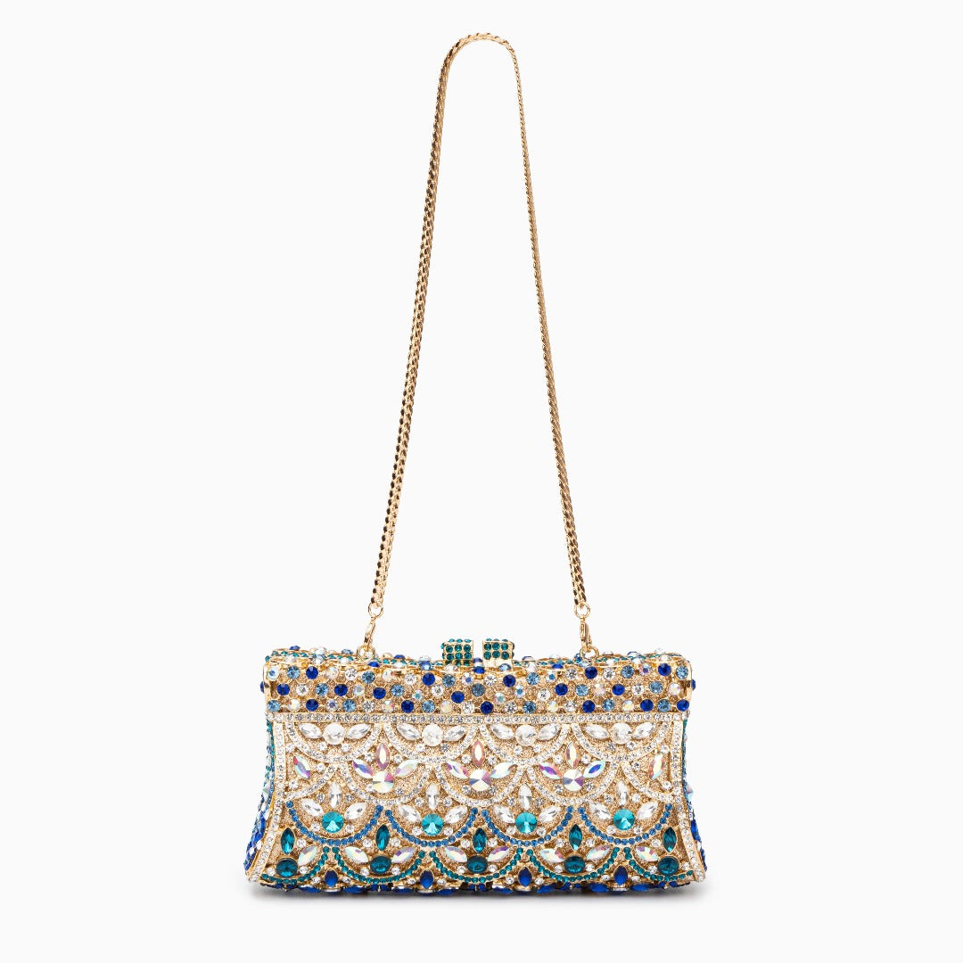 Crystal evening clutch bag gold and blue rhinestone ornament pattern, women's formal clutch