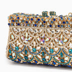Crystal evening clutch bag gold and blue rhinestone ornament pattern, women's formal clutch