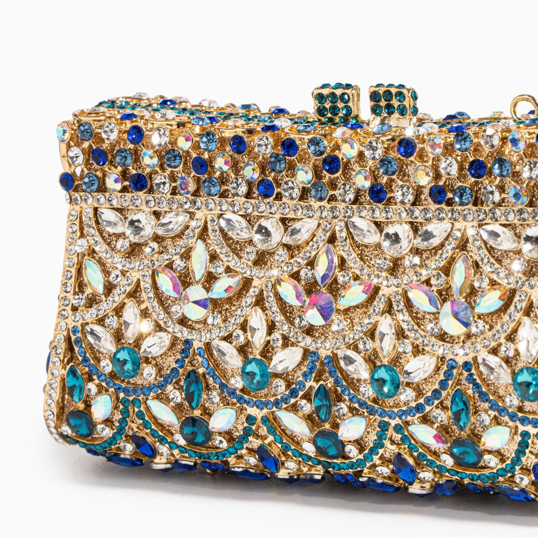 Crystal evening clutch bag gold and blue rhinestone ornament pattern, women's formal clutch