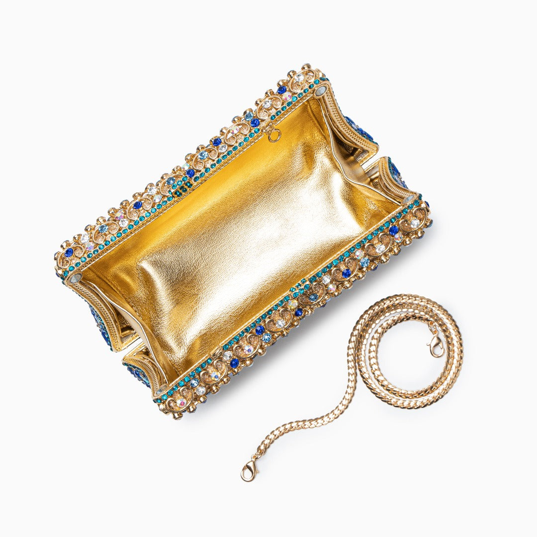 Crystal evening clutch bag gold and blue rhinestone ornament pattern, women's formal clutch