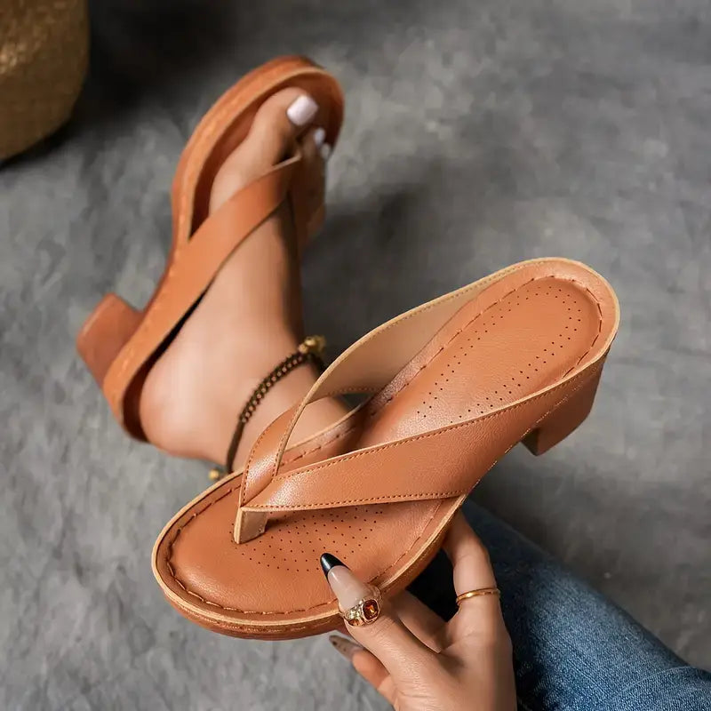Block heel flip flops women's toe-post sandals lightweight summer