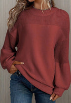 Women knit sweater lantern sleeves floral crochet detail round neck