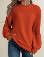 Women knit sweater lantern sleeves floral crochet detail round neck