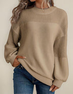 Women knit sweater lantern sleeves floral crochet detail round neck