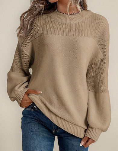 Women knit sweater lantern sleeves floral crochet detail round neck