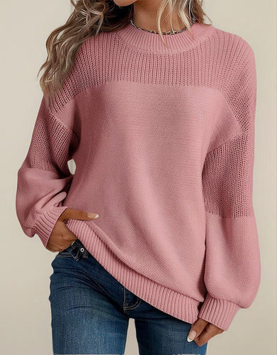 Women knit sweater lantern sleeves floral crochet detail round neck