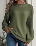 Women knit sweater lantern sleeves floral crochet detail round neck
