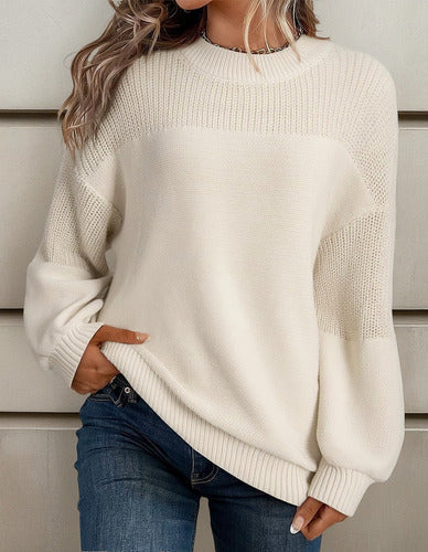 Women knit sweater lantern sleeves floral crochet detail round neck