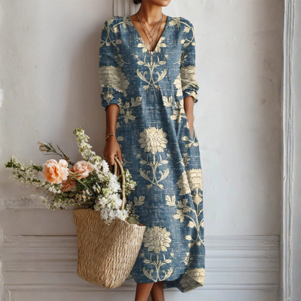 Women vintage abstract print relaxed fit dress with pockets lightweight breathable