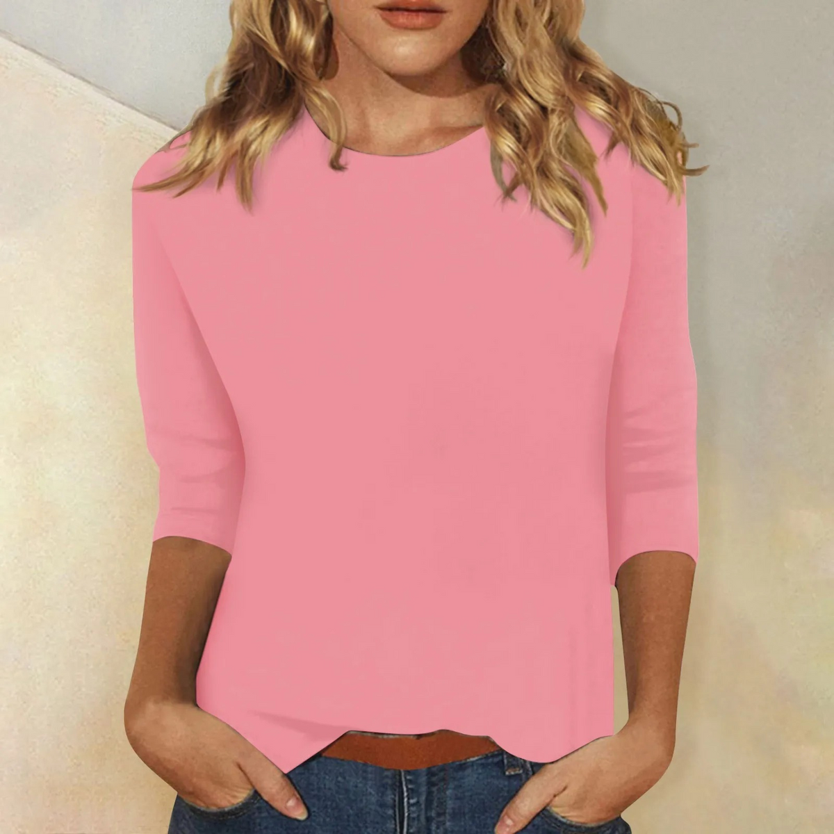 Women round neck top 3/4 sleeve relaxed fit casual everyday wear