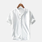 Men's linen shirt casual breathable soft, available in light blue, dark blue, gray and white