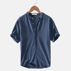 Men's linen shirt casual breathable soft, available in light blue, dark blue, gray and white