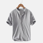 Men's linen shirt casual breathable soft, available in light blue, dark blue, gray and white