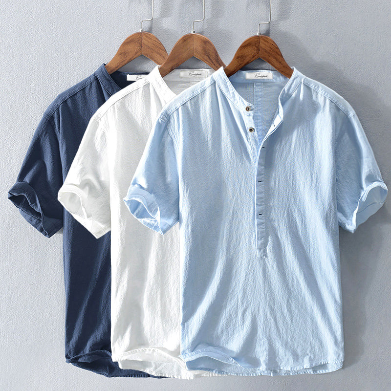 Men's linen shirt casual breathable soft, available in light blue, dark blue, gray and white