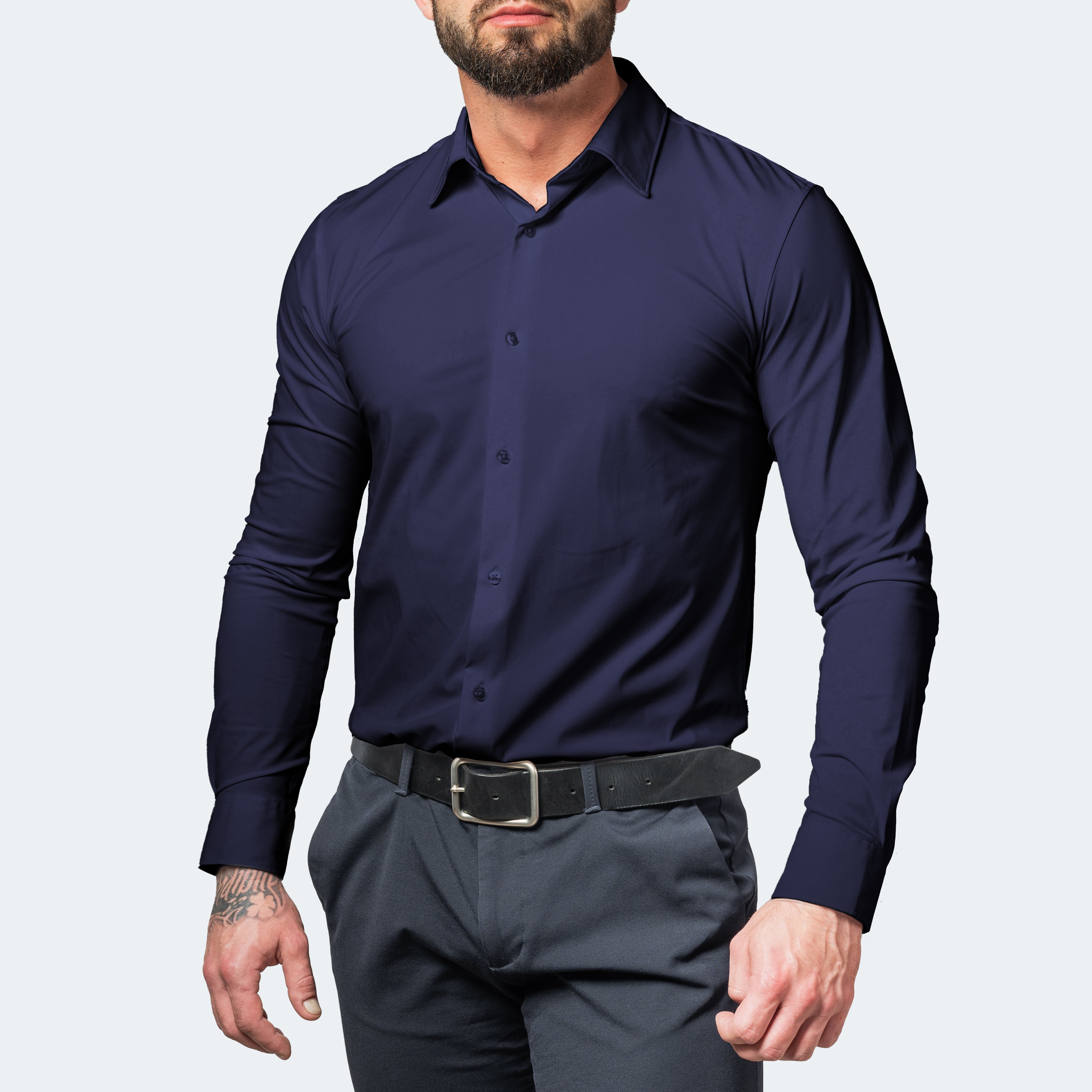 Men's wrinkle-free stretch dress shirt slim fit, available in Black, White and Light Blue