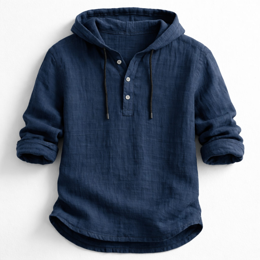 Men's linen shirt relaxed fit with adjustable drawstring hood, lightweight breathable