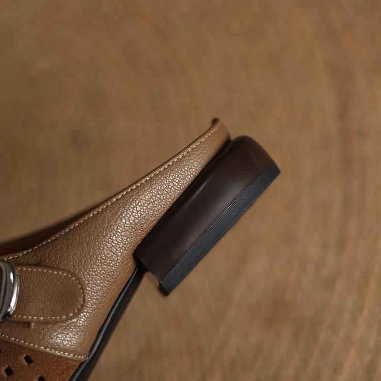 Women suede leather clogs with adjustable buckle strap in brown and beige