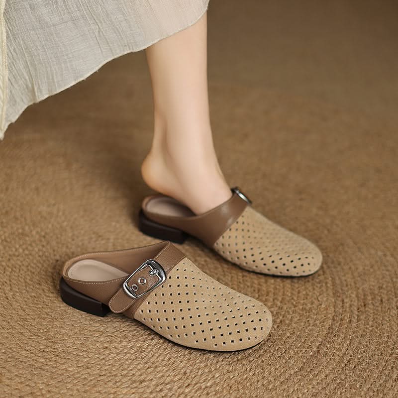 Women suede leather clogs with adjustable buckle strap in brown and beige