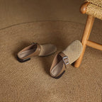 Women suede leather clogs with adjustable buckle strap in brown and beige